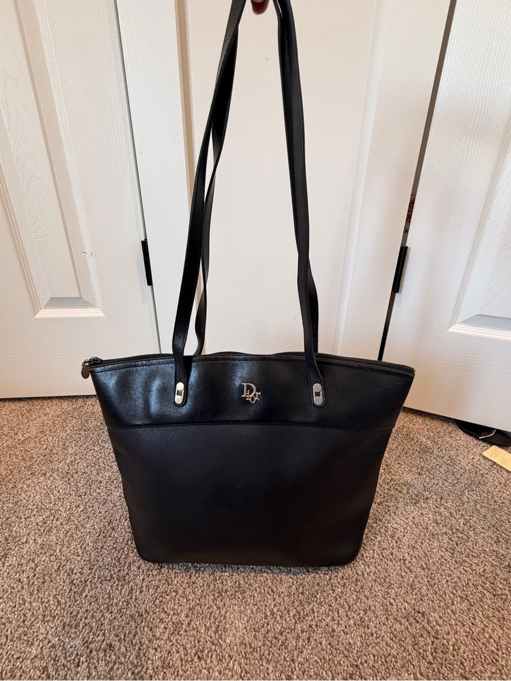Vintage Dior Tote Bag in Black Honeycomb Coated Canvas and Leather
